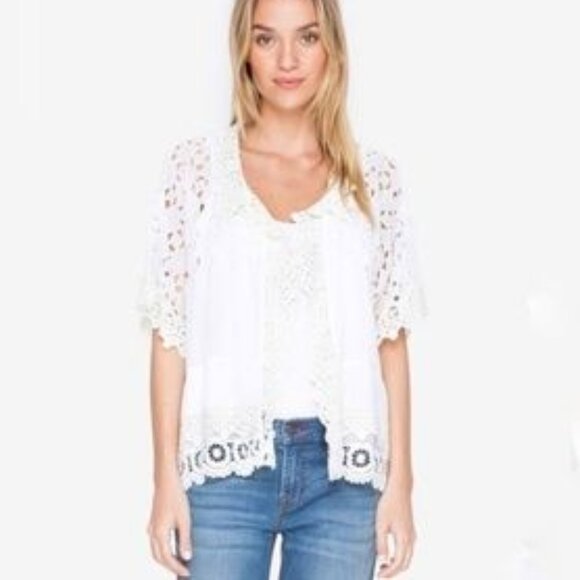 Johnny Was White Eyelet Crochet Cupra Ultra Light Jacket Topper Size Small